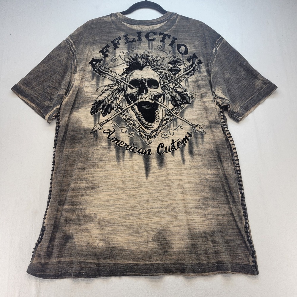 Affliction T-Shirt Mens 3XL Gray American Customs Skull Felt Graphic Stitch